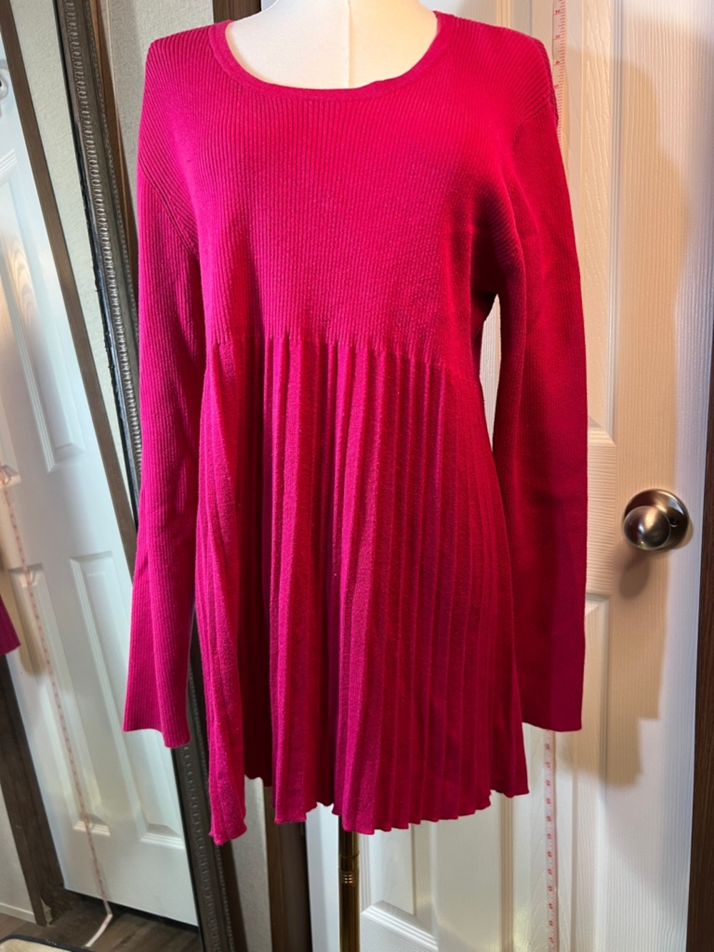 Style & Co. Fuchsia Pleated Knit Long-Sleeve Dress